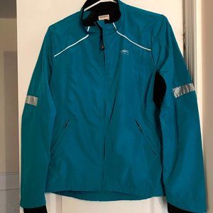 M Running Room jacket, teal reflective details
